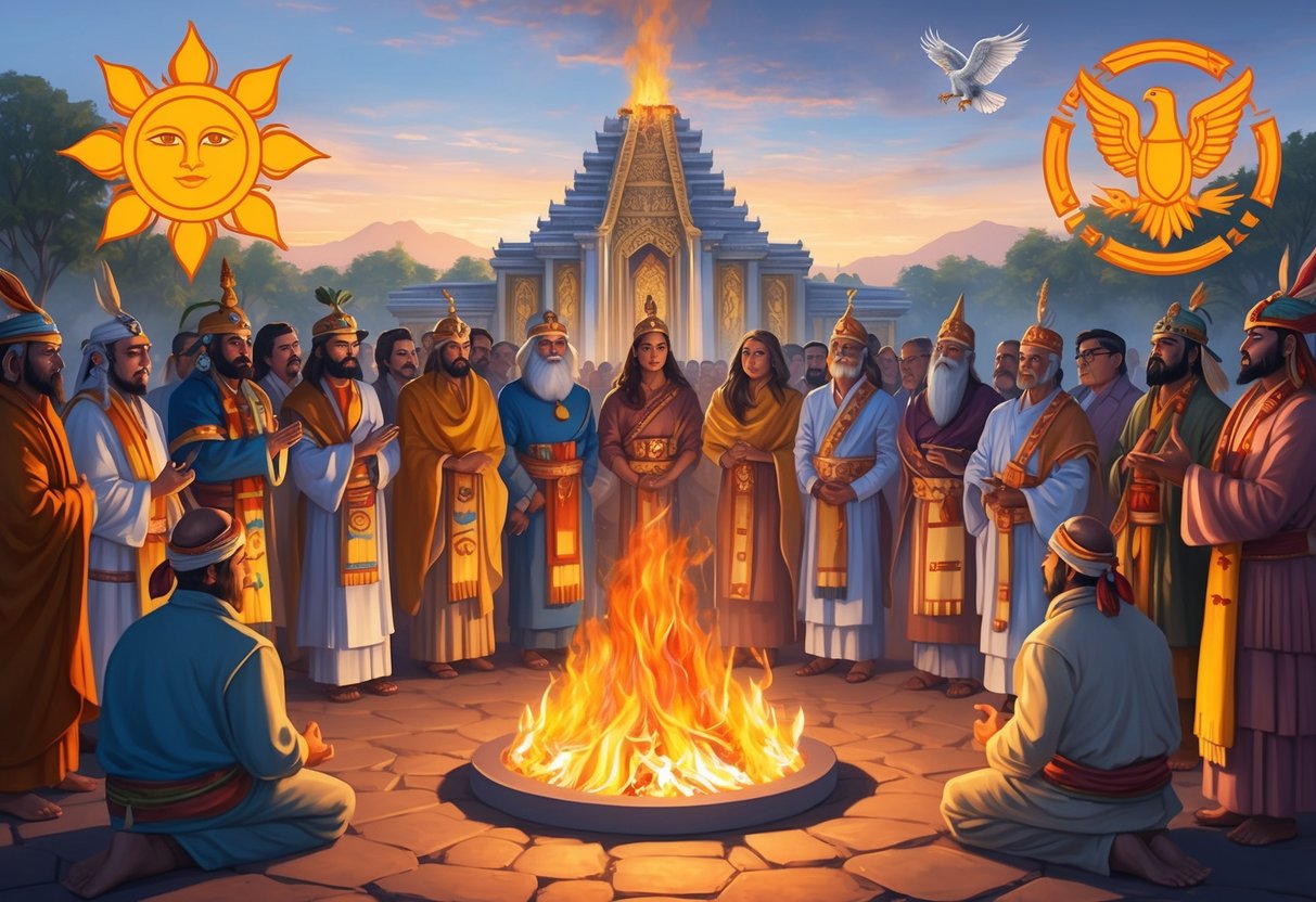 A group of people gather around a ceremonial fire, with a temple in the background and symbols of the sun and eagle