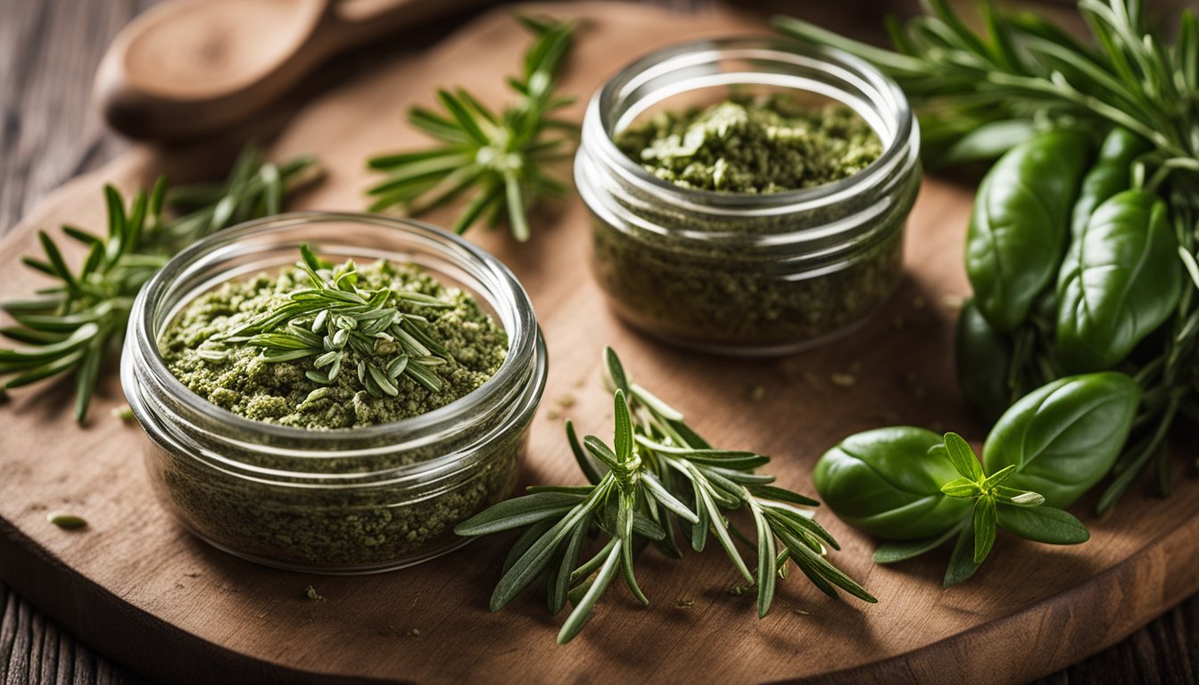 Fresh rosemary, thyme, and basil spread on a wooden table, awaiting to be combined