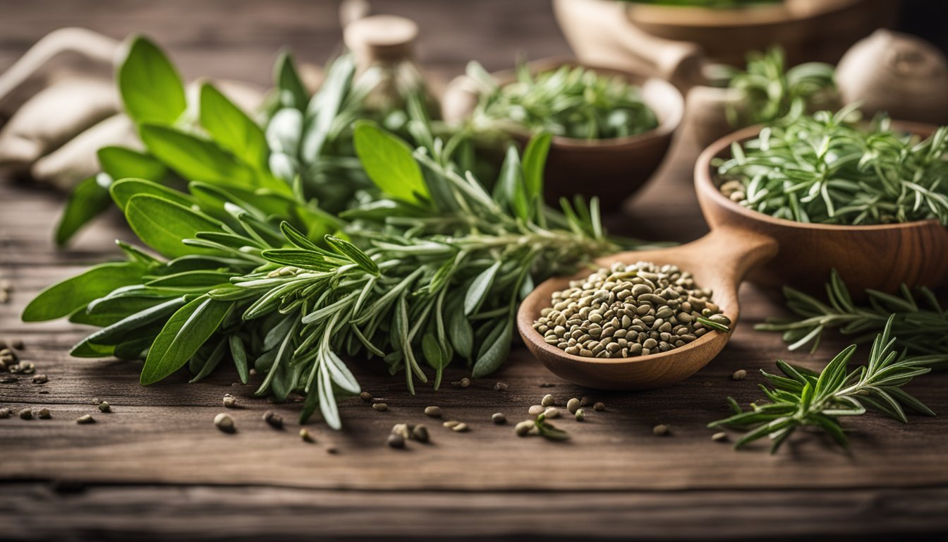 Fresh herbs like rosemary, thyme, and basil, arranged on a wooden table, awaiting blending