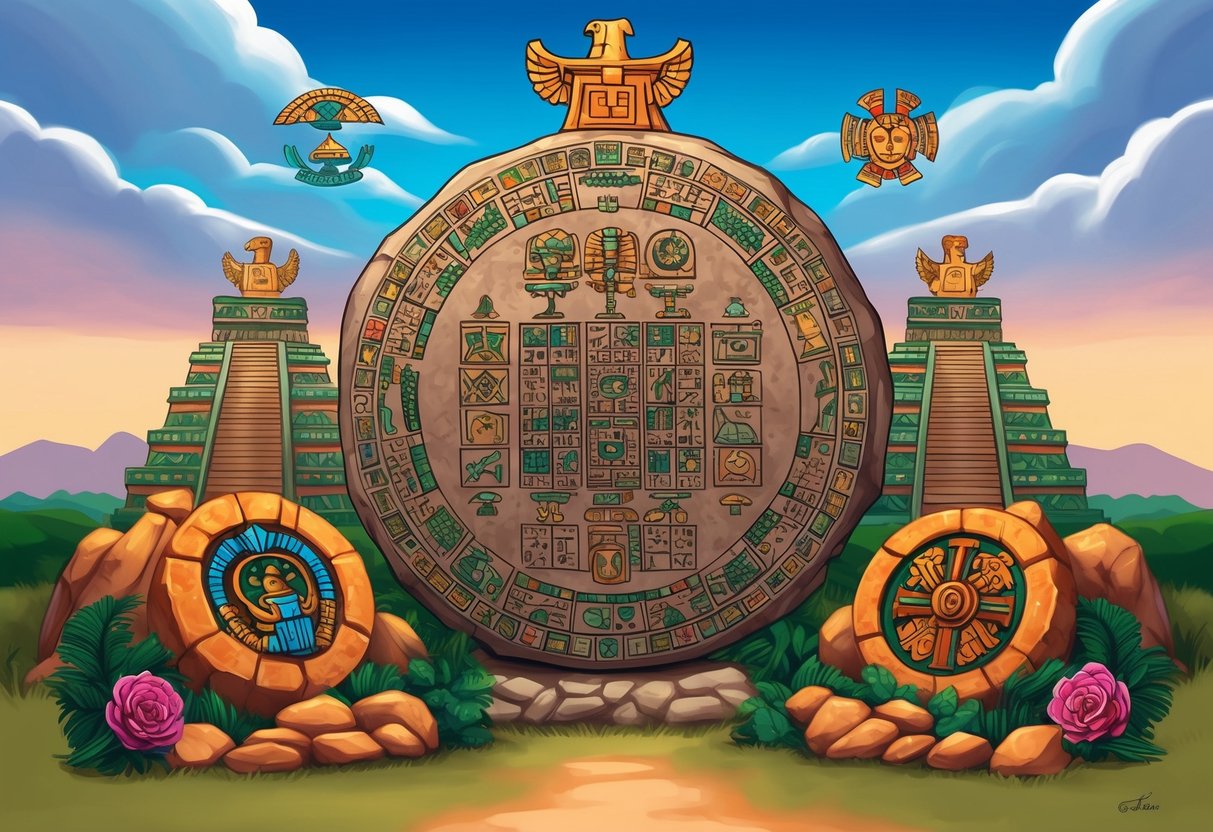 An Aztec calendar stone surrounded by symbols of their cultural achievements