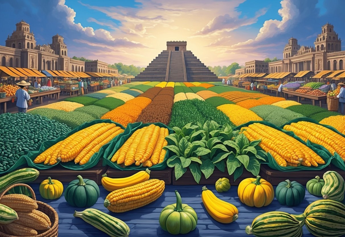 Fields of maize, beans, and squash surrounded by bustling marketplaces, showcasing the thriving economy of the Aztec empire from 1428 to 1521