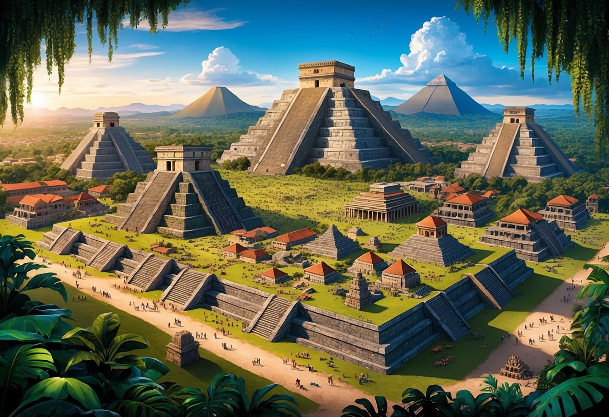 A sprawling Aztec city with temples and pyramids, surrounded by lush jungle and bustling with activity