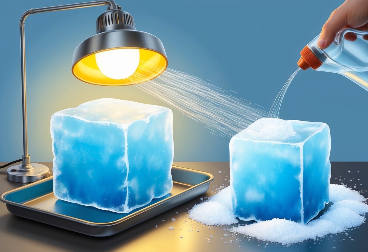 A block of ice sits on a metal tray under a hot lamp, while another block is surrounded by salt and being sprayed with warm water