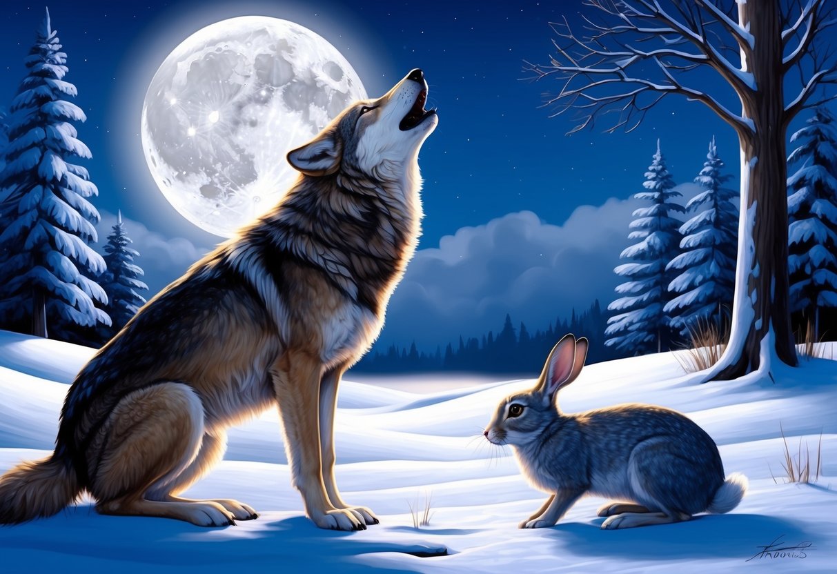 A wolf howls in the moonlight as a rabbit freezes nearby