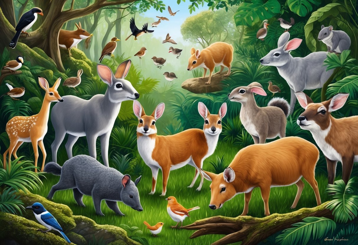 A lush forest with a variety of animals, each emitting unique whistle variations, creating a symphony of sounds in their natural habitats