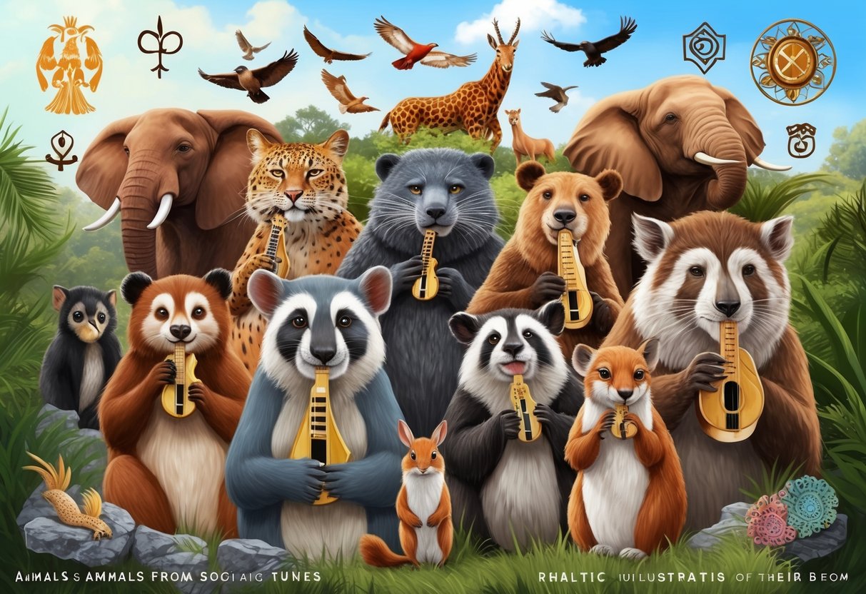 Animals from various cultures and habitats whistle tunes, surrounded by symbols of their cultural and social significance