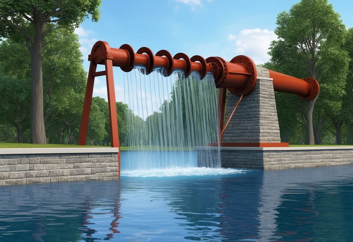 A large Archimedes screw efficiently lifts water into a performance demonstration