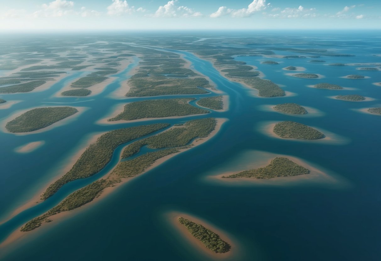 A vast, submerged landscape with scattered islands and ancient rivers, slowly succumbing to rising sea levels