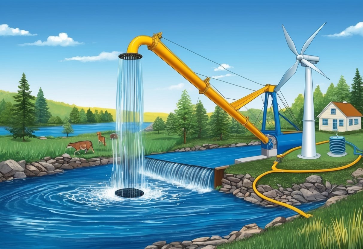 An archimedes screw lifts water from a river, powering a nearby turbine.</p><p>Wildlife thrives in the clean, flowing water, while the surrounding community benefits from sustainable energy