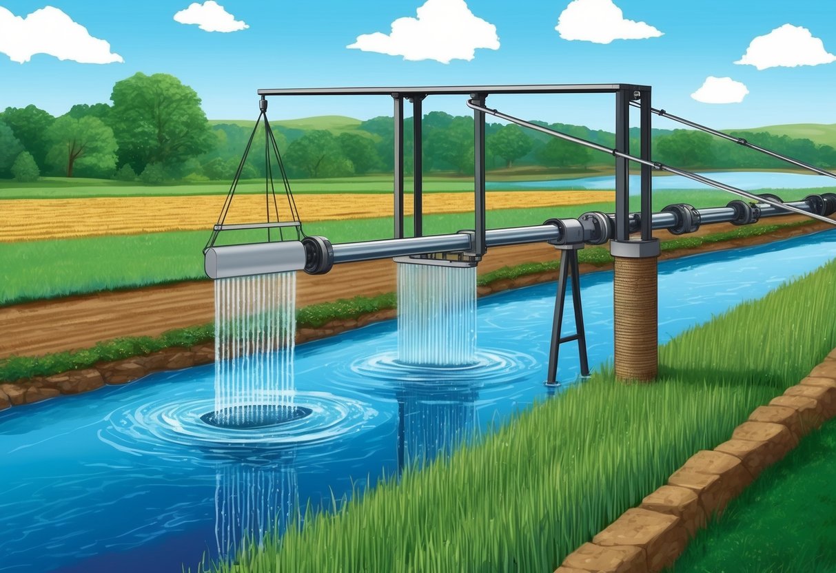 A modernized Archimedes screw system lifting water from a river to irrigate a field