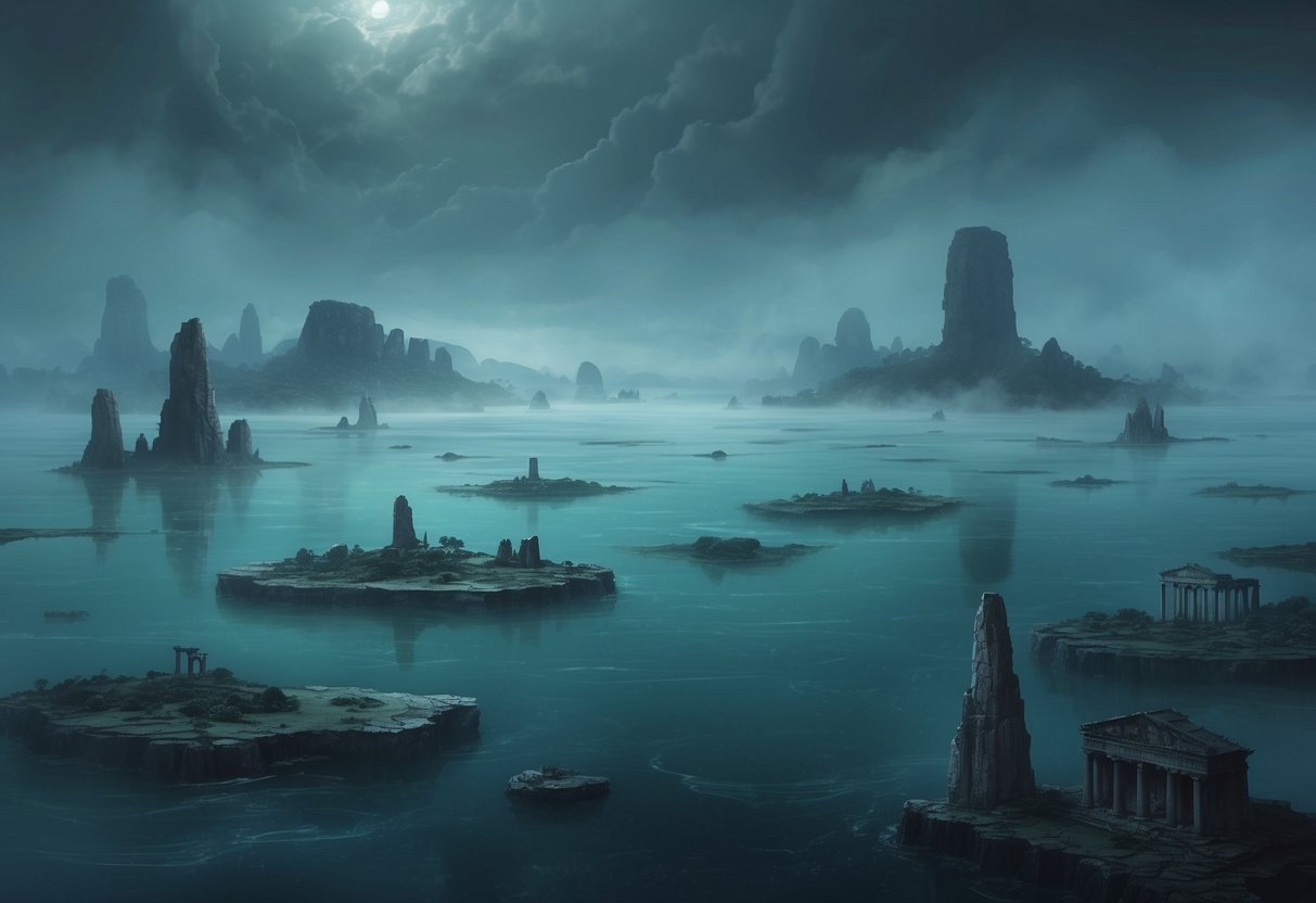 A vast, submerged landscape with scattered islands and ancient remnants, surrounded by a misty, mysterious atmosphere