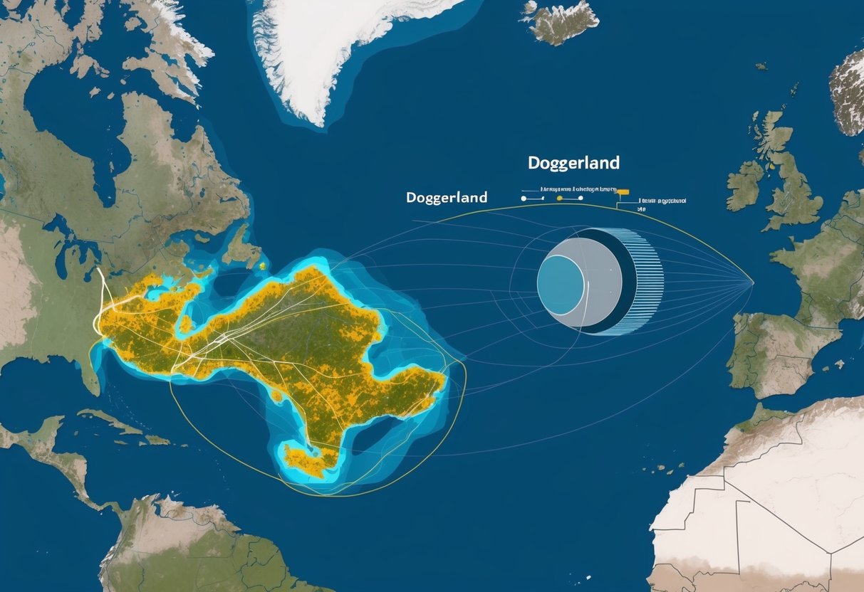 A digital map of Doggerland, showing submerged landmass and modern technology data overlays