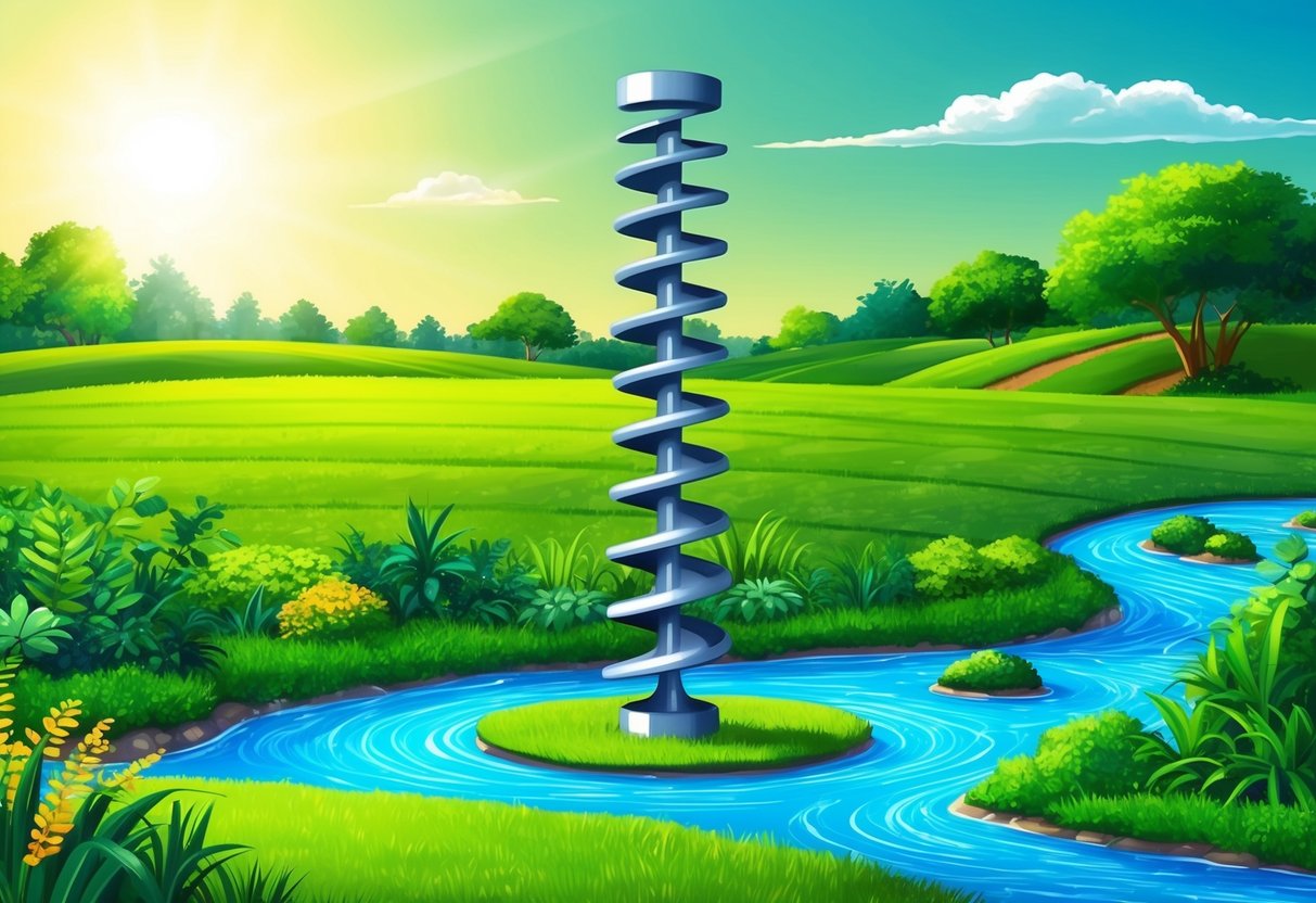 A large Archimedes screw stands tall in a lush green field, surrounded by flowing water and vibrant vegetation.</p><p>The sun shines down, illuminating the simple yet effective design