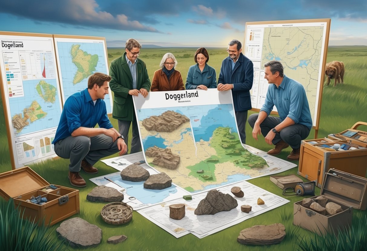 Researchers and institutions studying Doggerland, surrounded by maps and charts, with archaeological artifacts and equipment scattered around