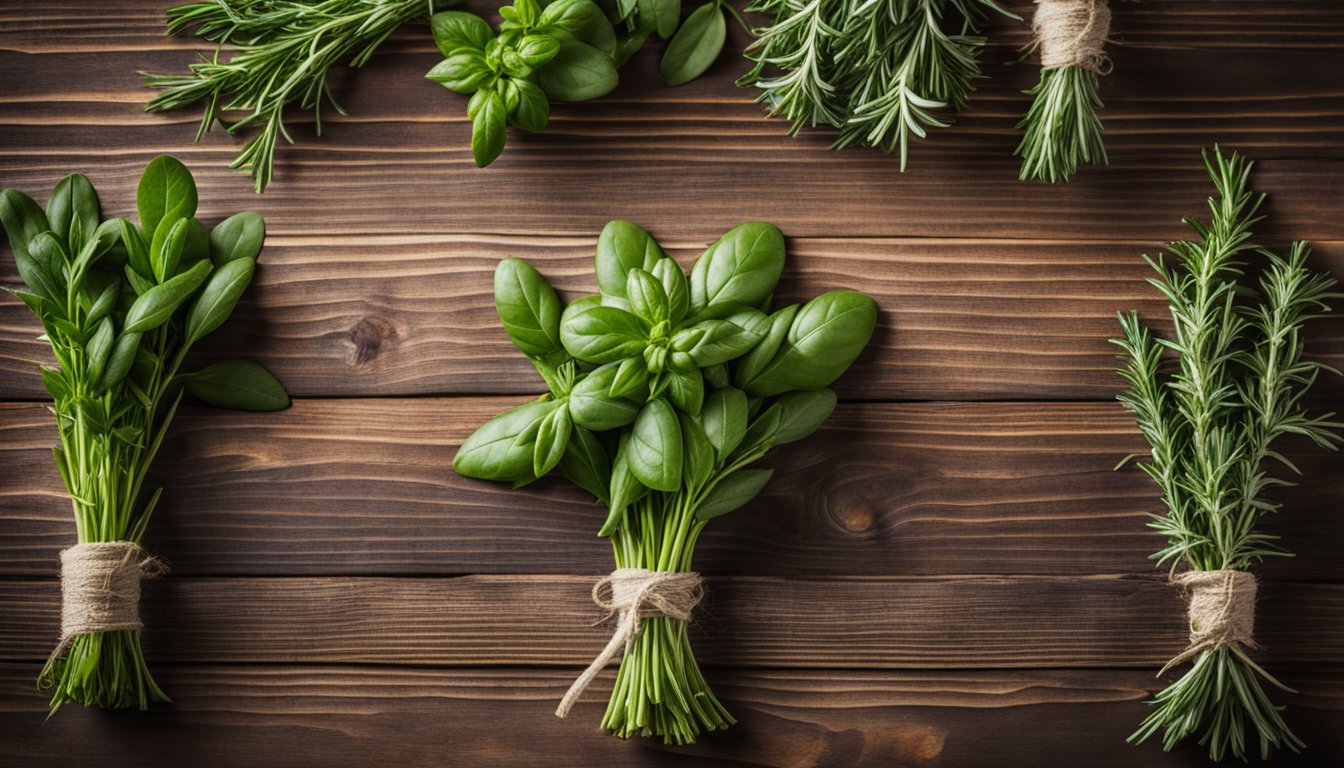 Fresh herbs of rosemary, thyme, and basil spread out on a wooden table, waiting to be combined