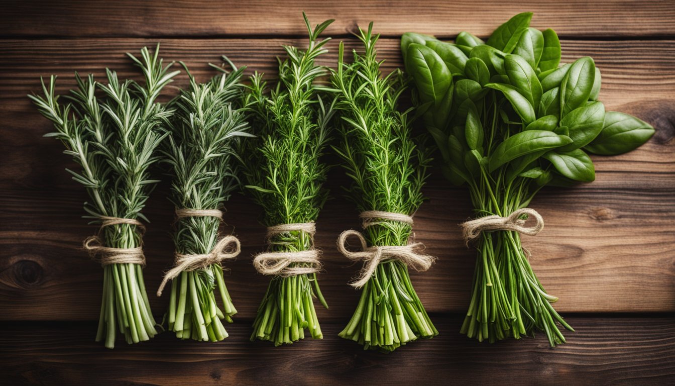 Fresh herbs like rosemary, thyme, and basil spread out on a wooden table, waiting to be combined