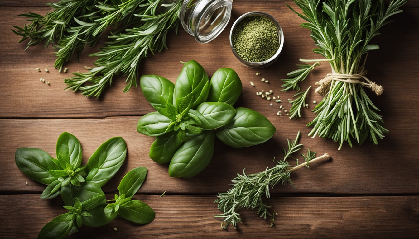 Fresh herbs like rosemary, thyme, and basil, arranged on a wooden table, await mixing