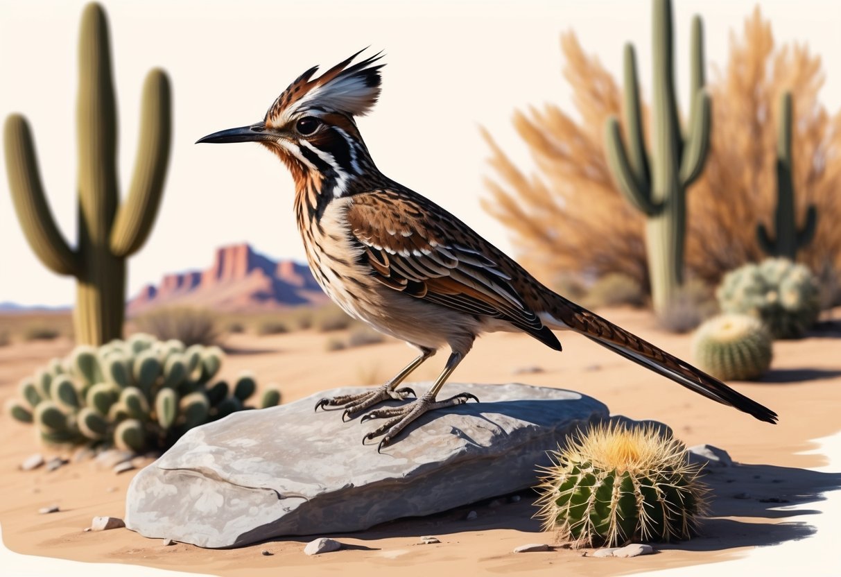 A roadrunner perched on a desert rock, with cacti and dry brush in the background