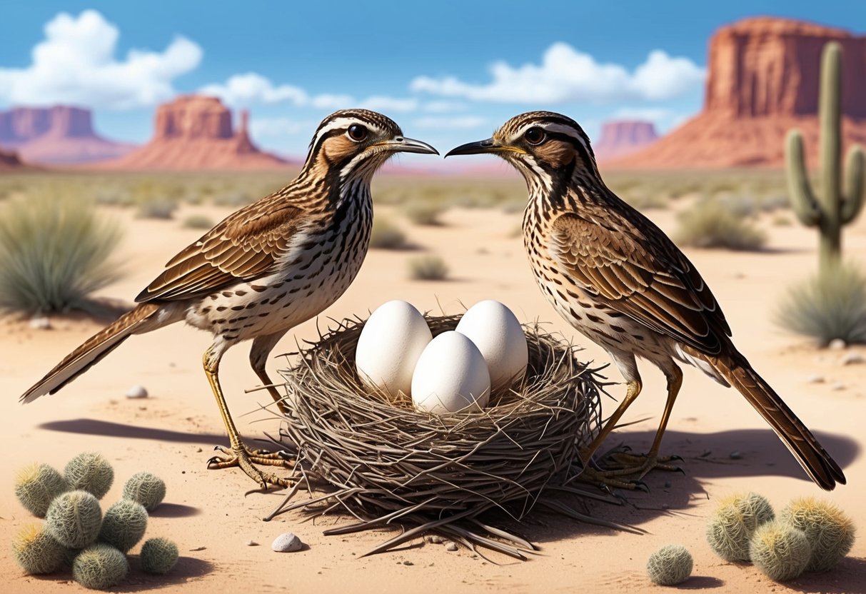 A pair of Greater Roadrunners building a nest in a desert landscape, with eggs inside and the parents taking turns to incubate them