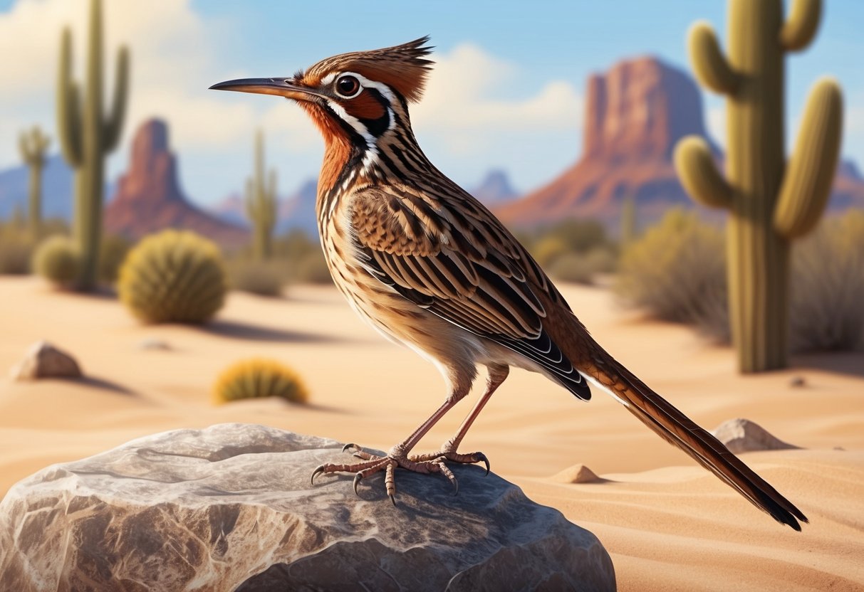 A roadrunner perched on a desert rock, with sandy terrain and cacti in the background