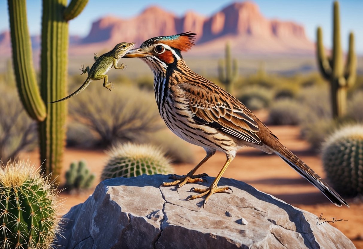 A roadrunner perched on a desert rock, surrounded by cactus and shrubs, with a lizard in its beak