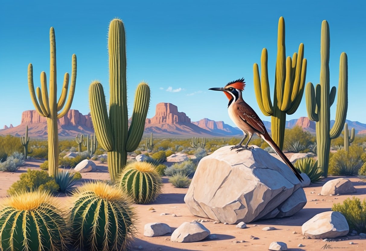 A desert landscape with cacti, rocky terrain, and a roadrunner perched on a boulder, with a clear blue sky in the background