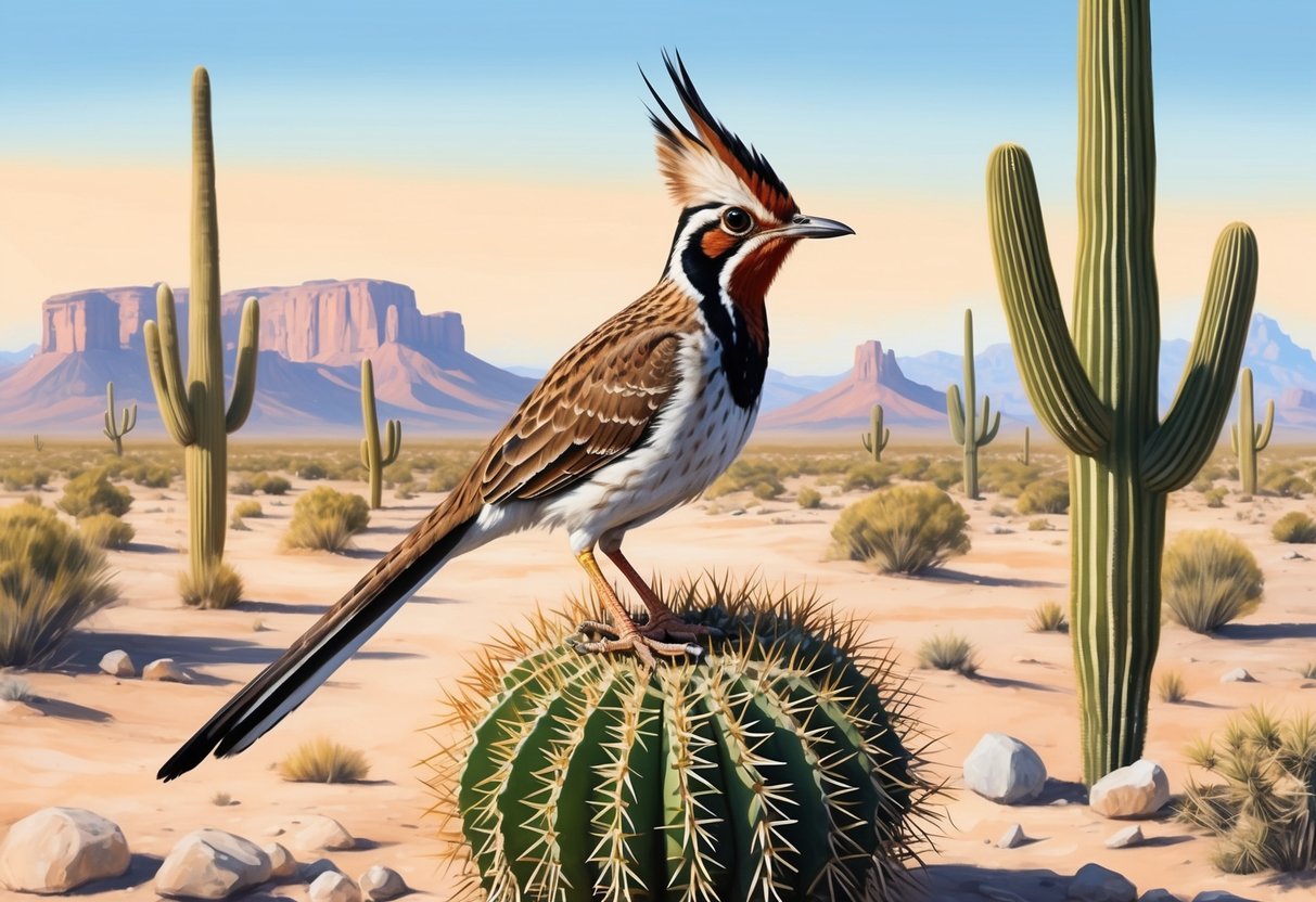 A roadrunner perched on a desert cactus, with its distinctive long tail and crest, surrounded by dry, rocky terrain