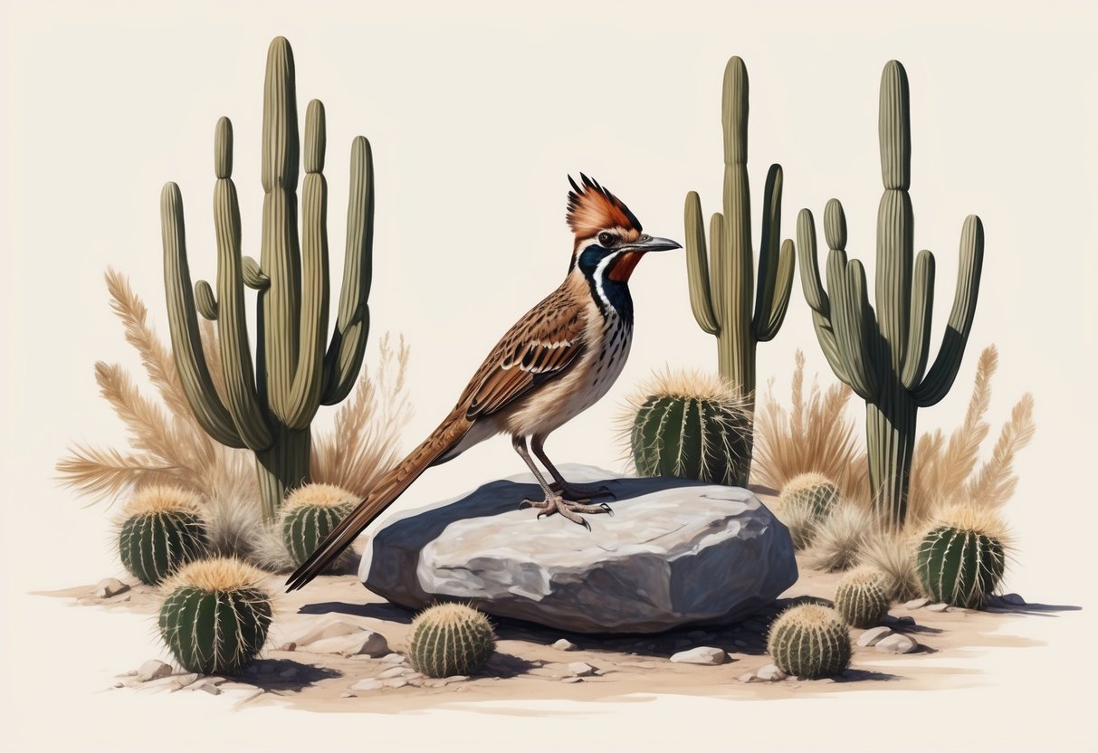 A roadrunner perched on a desert rock, surrounded by cacti and dry brush