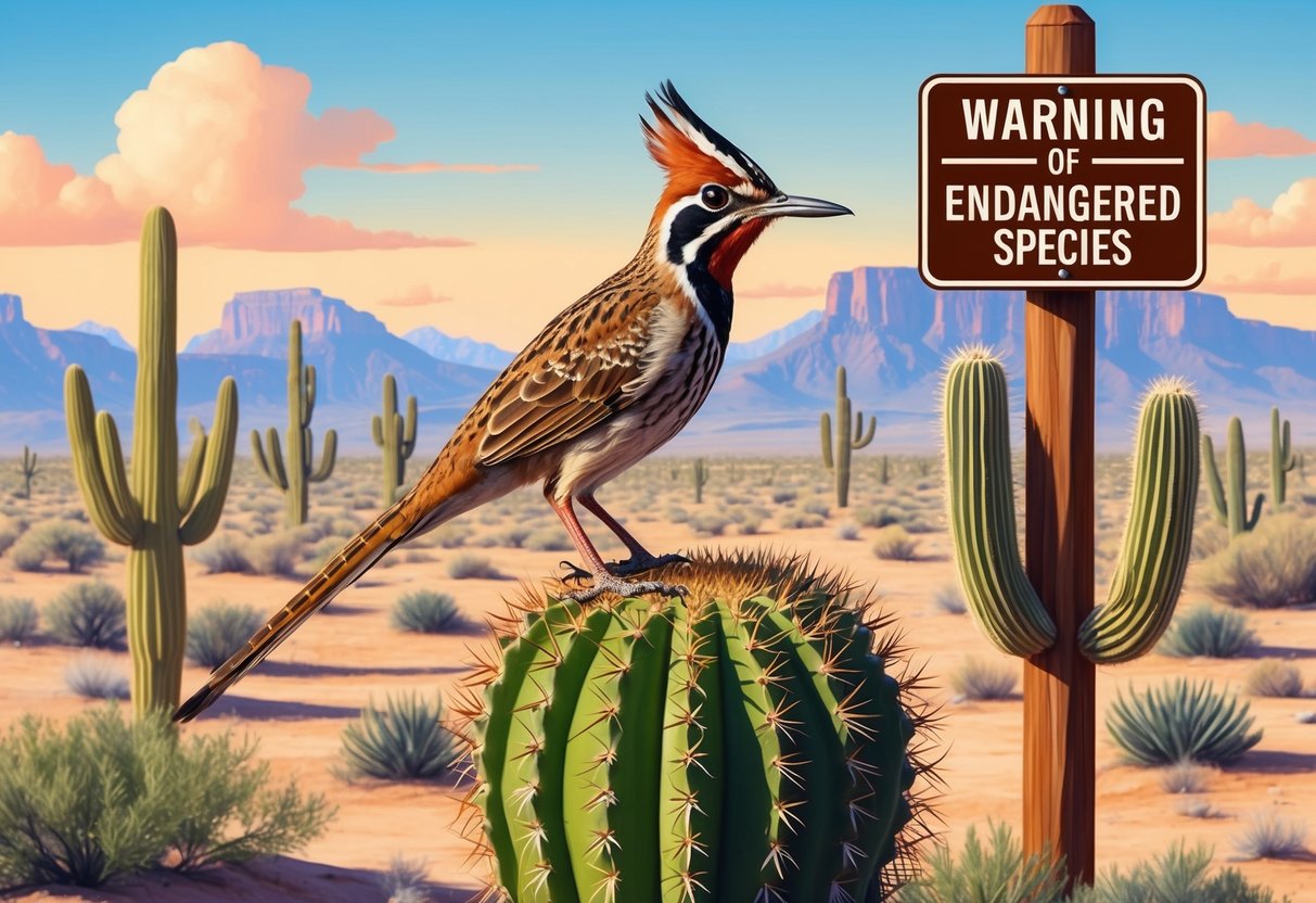 A roadrunner perched on a cactus, surrounded by a desert landscape with a sign warning of endangered species