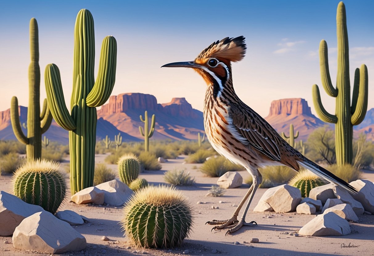 A desert landscape with a roadrunner standing alert, surrounded by cactus and rocky terrain.</p><p>The bird is watching for potential threats, symbolizing the need for protection