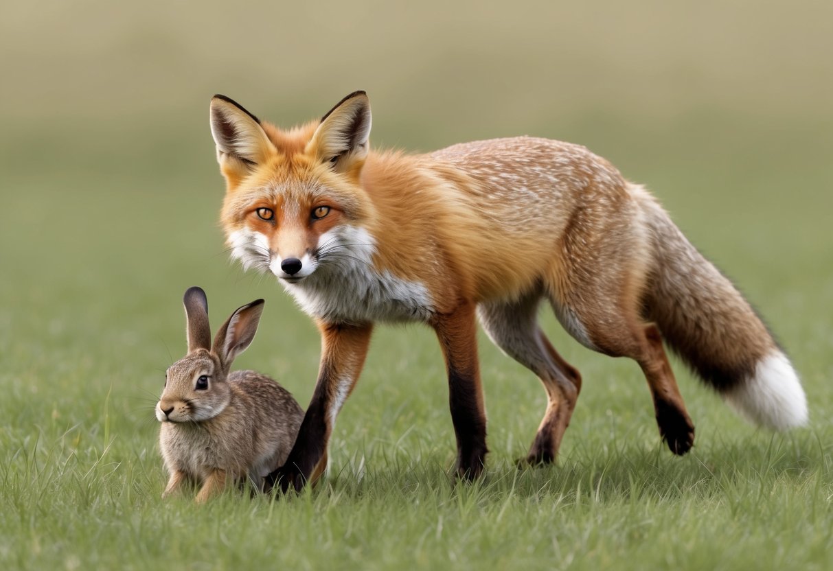 A fox stalks a rabbit in a grassy field, demonstrating the predator-prey relationship in the natural ecosystem