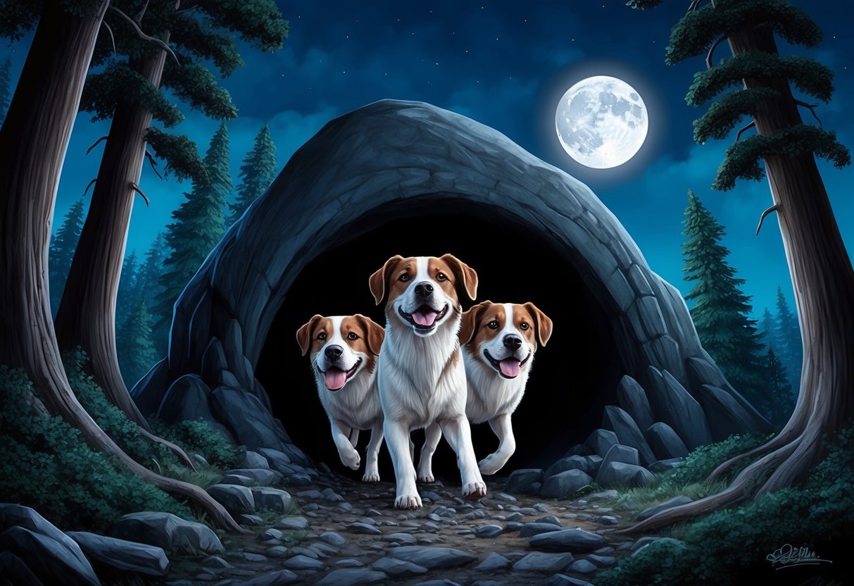 A three-headed dog emerging from a dark cave, surrounded by towering trees and a full moon in the night sky