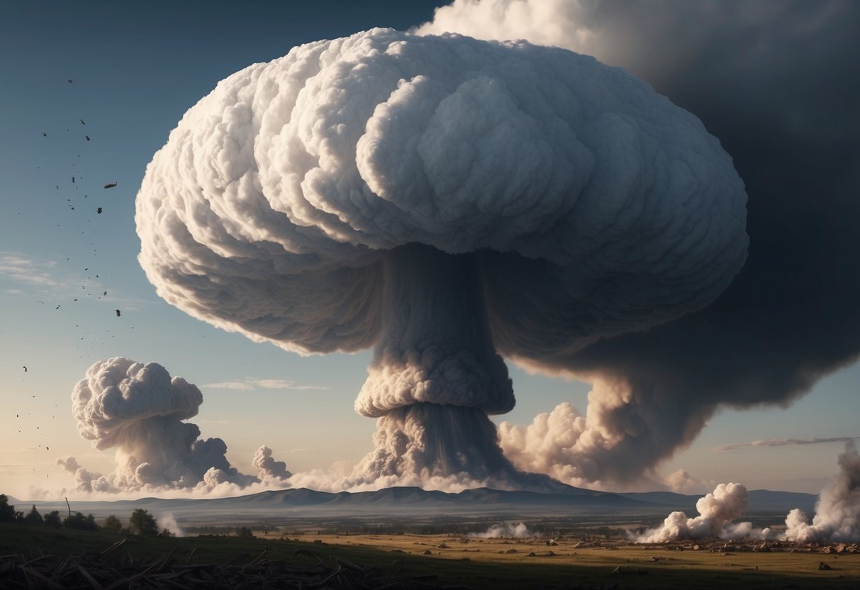 A massive mushroom cloud billows upward, casting a dark shadow over the landscape, as debris and smoke scatter in all directions