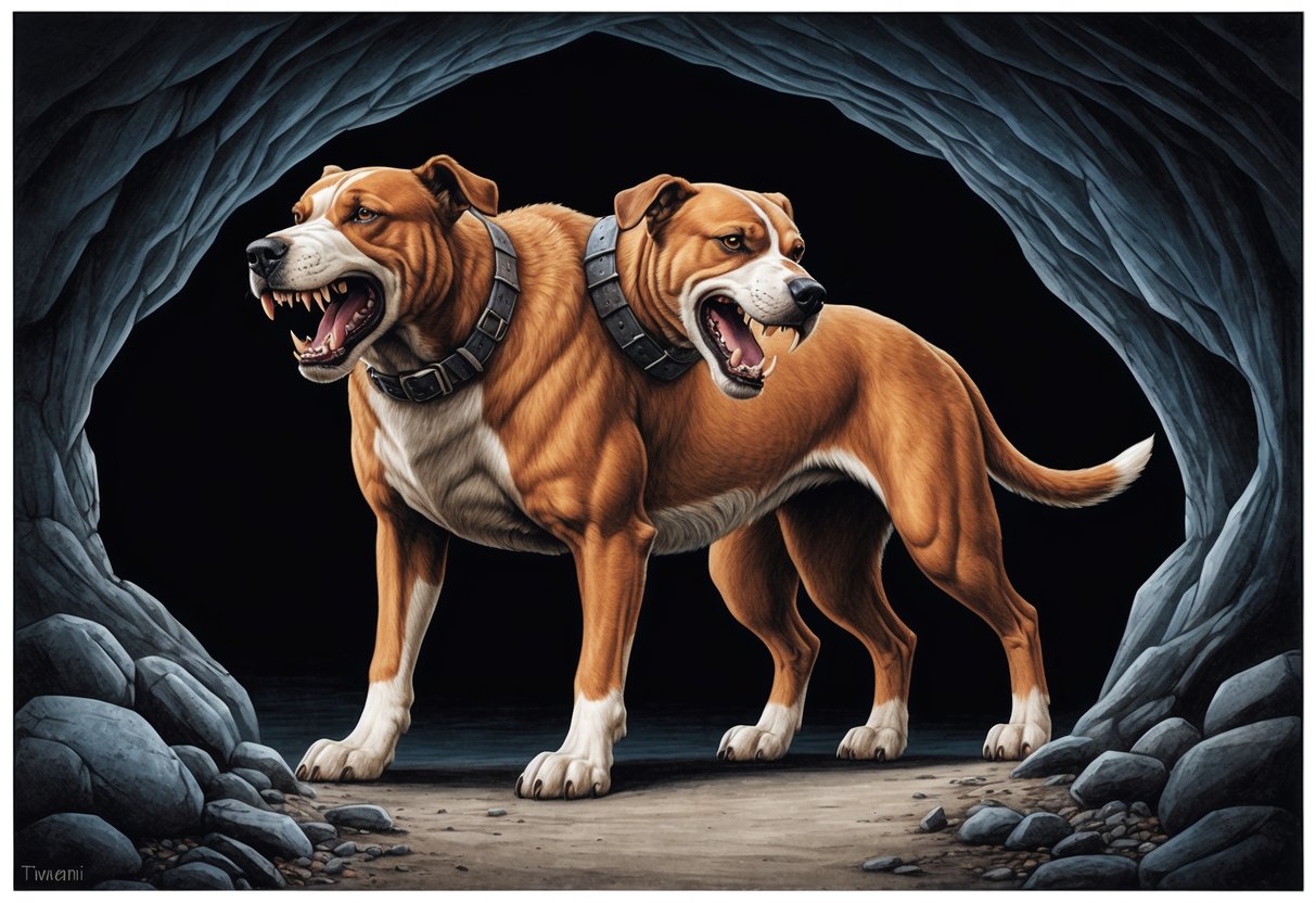 A large, snarling three-headed dog stands guard at the entrance of a dark, foreboding cave