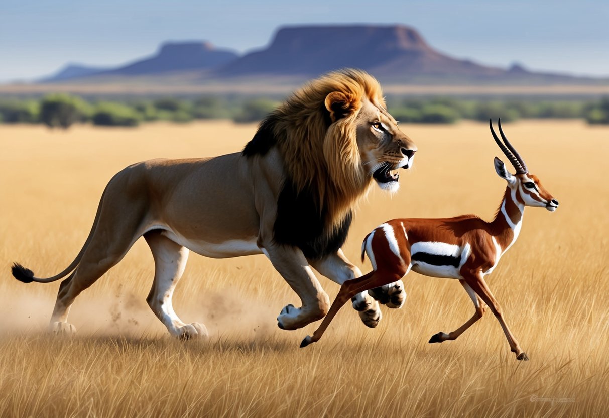 A lion chases a gazelle across the savanna, illustrating the predator-prey relationship in the animal kingdom