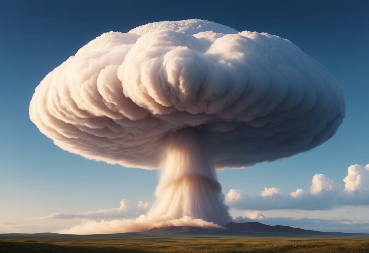 A massive mushroom cloud billows upward, with a distinct stem and cap shape, towering over the landscape