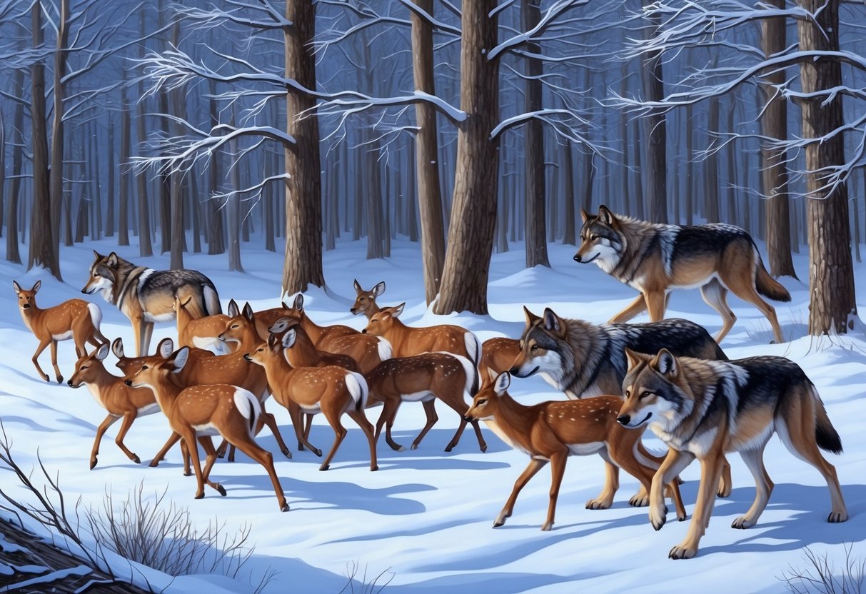 A pack of wolves stalking a herd of deer through a snowy forest