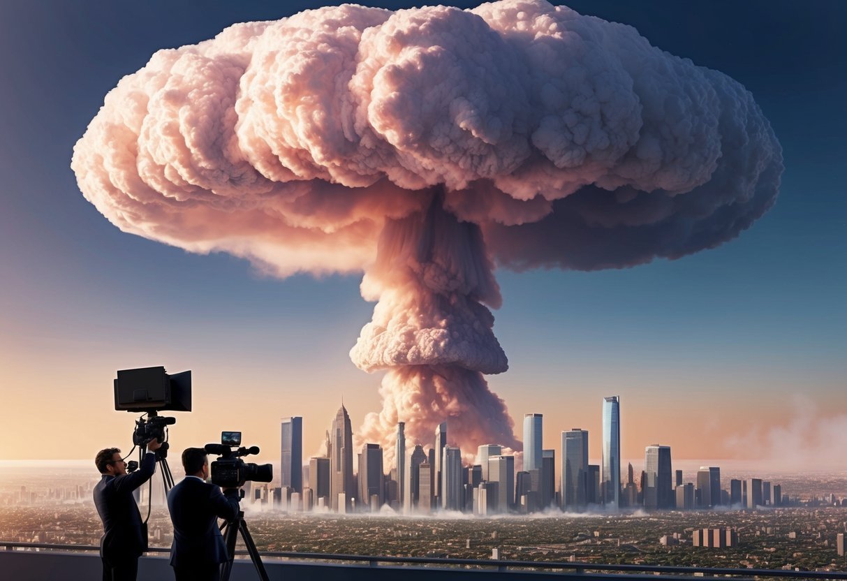 A massive mushroom cloud rises above a city skyline, with media cameras capturing the dramatic scene