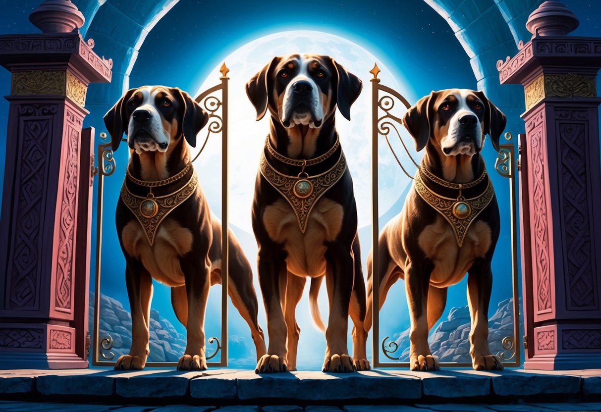 A three-headed dog stands guard at the gates of a mythical underworld, its presence symbolizing power and protection in ancient culture