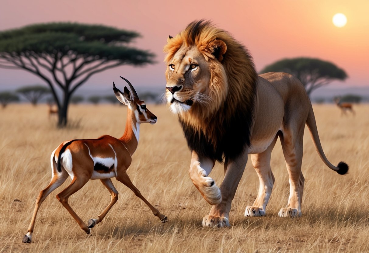 A lion stalking a gazelle in the African savanna