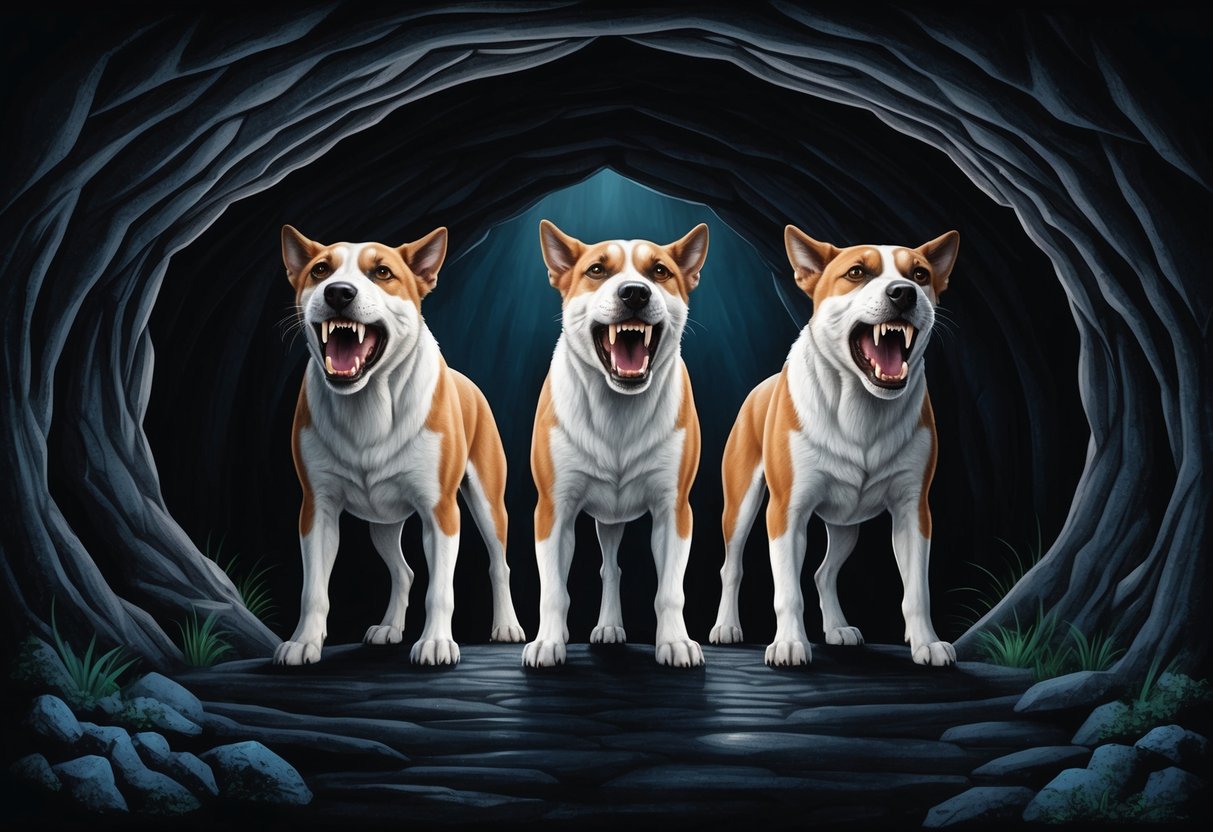 A three-headed dog stands guard at the entrance of a dark cave, with each head snarling and baring its teeth