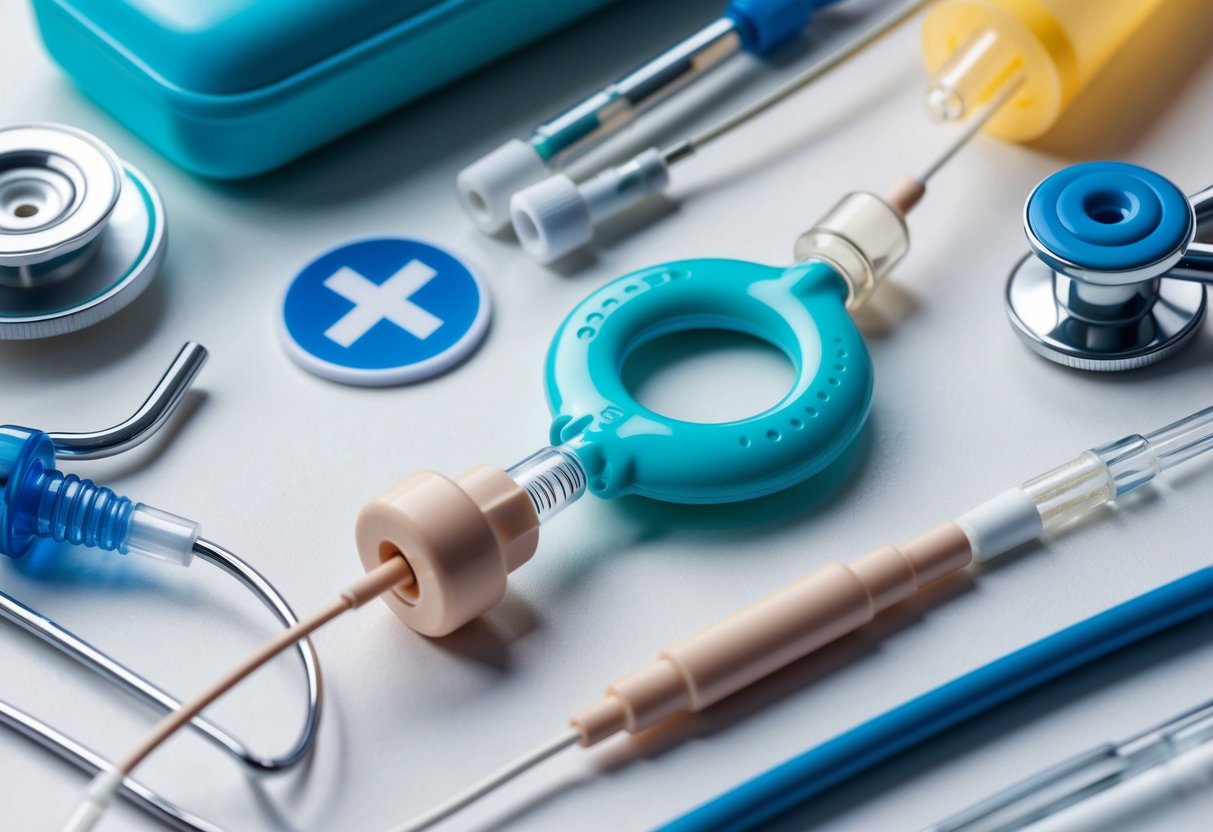 A close-up of a Mirena and hormonal IUDs surrounded by medical equipment and a rheumatoid arthritis symbol