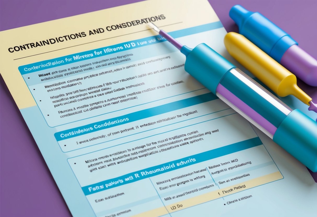 A detailed medical chart listing contraindications and considerations for Mirena IUD use in patients with rheumatoid arthritis