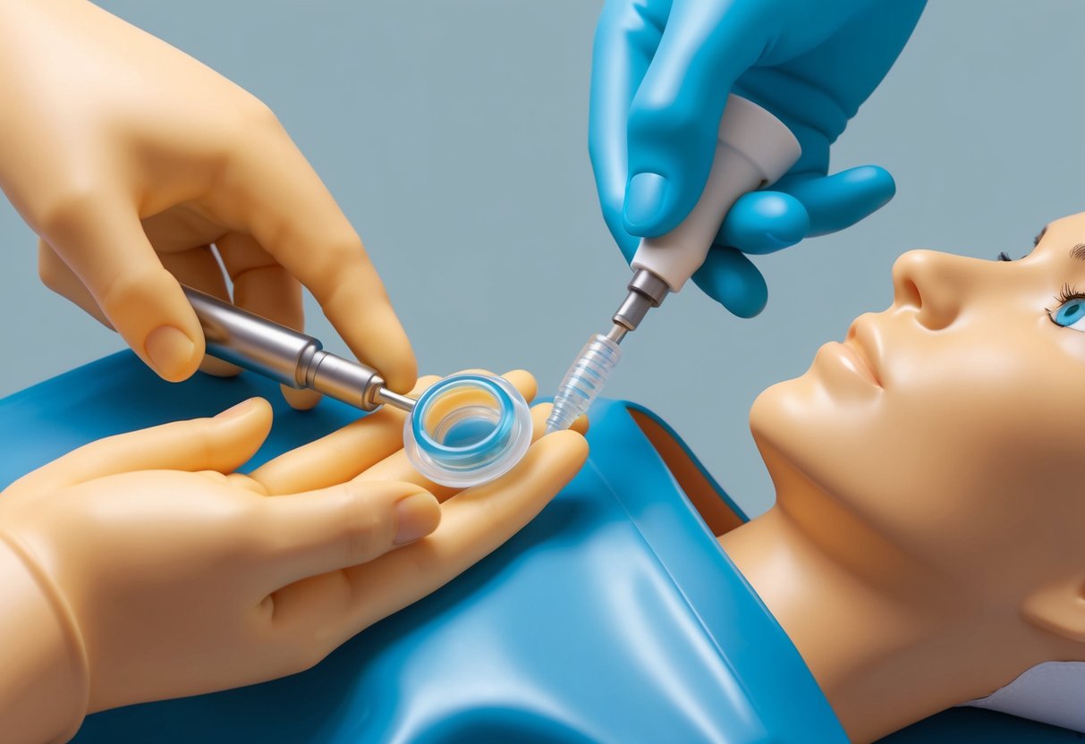 A medical tool inserts and removes a Mirena IUD from a model representing a patient with rheumatoid arthritis