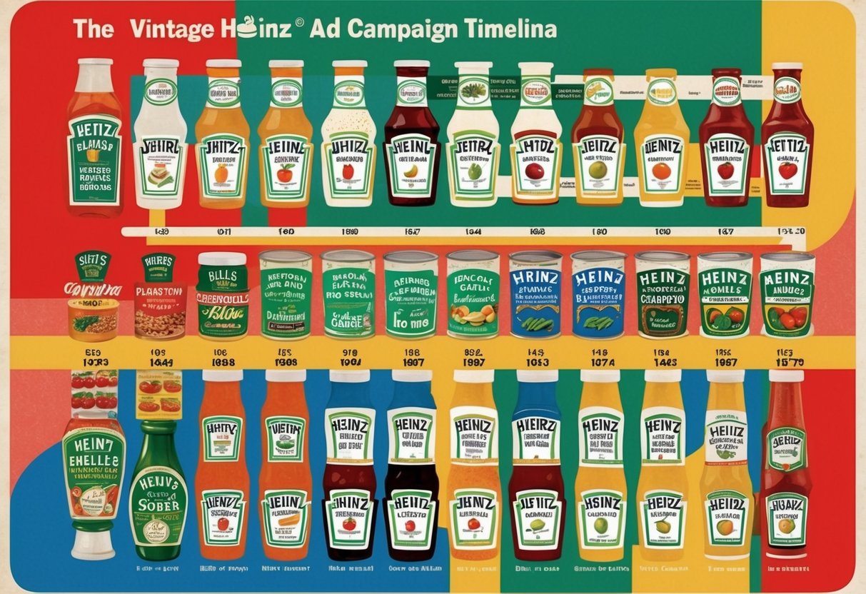 A vintage Heinz ad campaign timeline, showcasing the evolution of marketing and advertising through 57 varieties of products