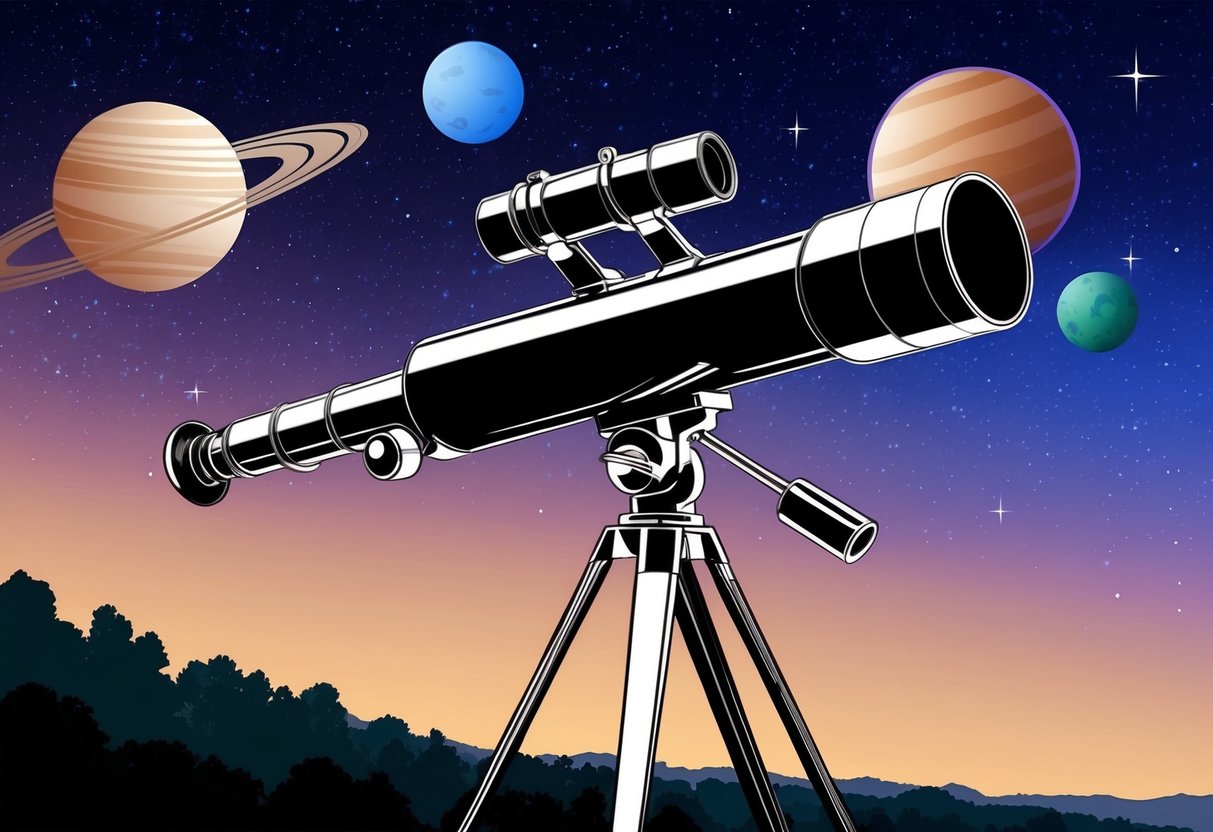 A telescope pointed towards the night sky, with stars and planets visible