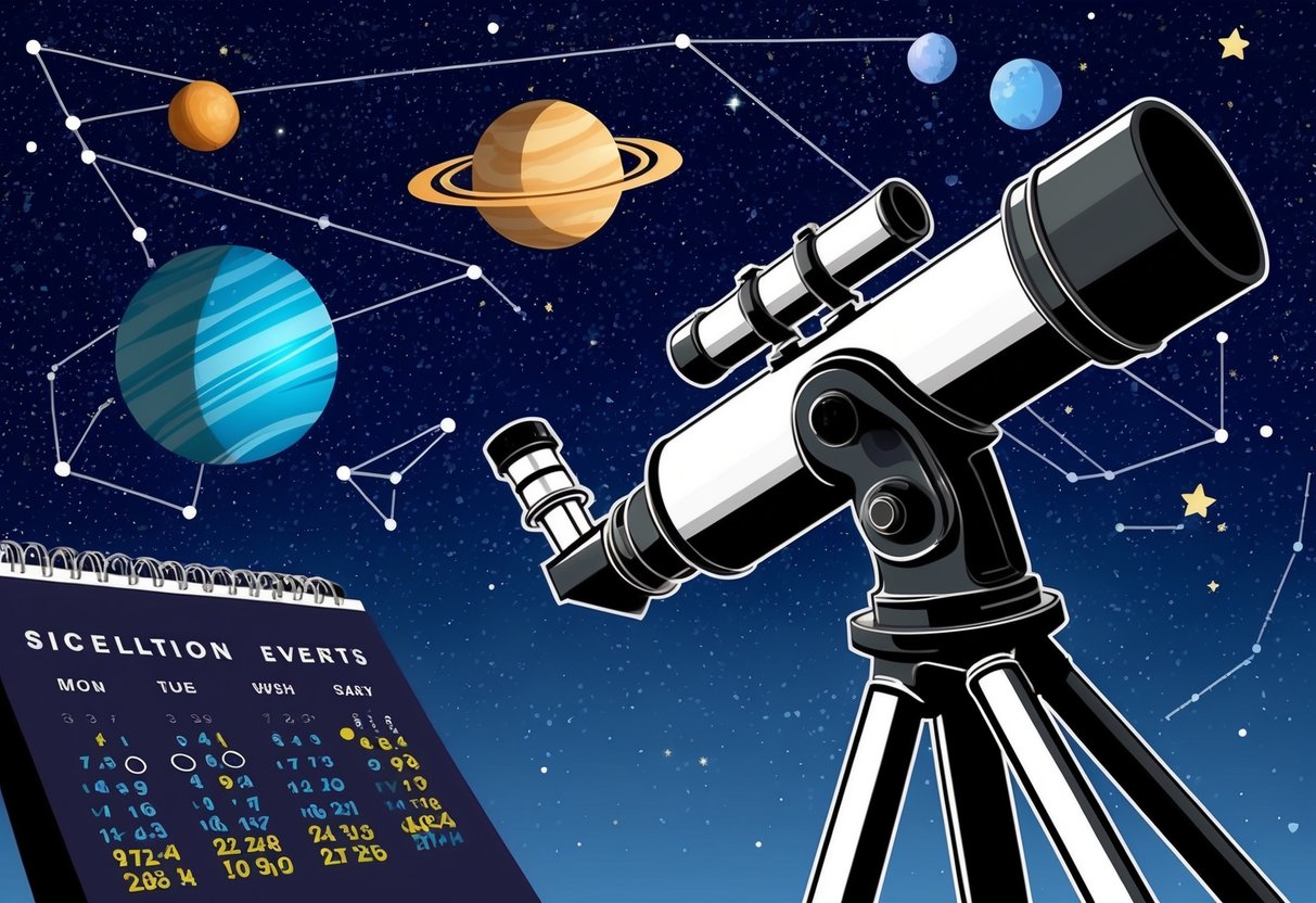 A telescope pointed towards a starry sky, with planets and constellations visible, and a calendar marking significant astronomical events