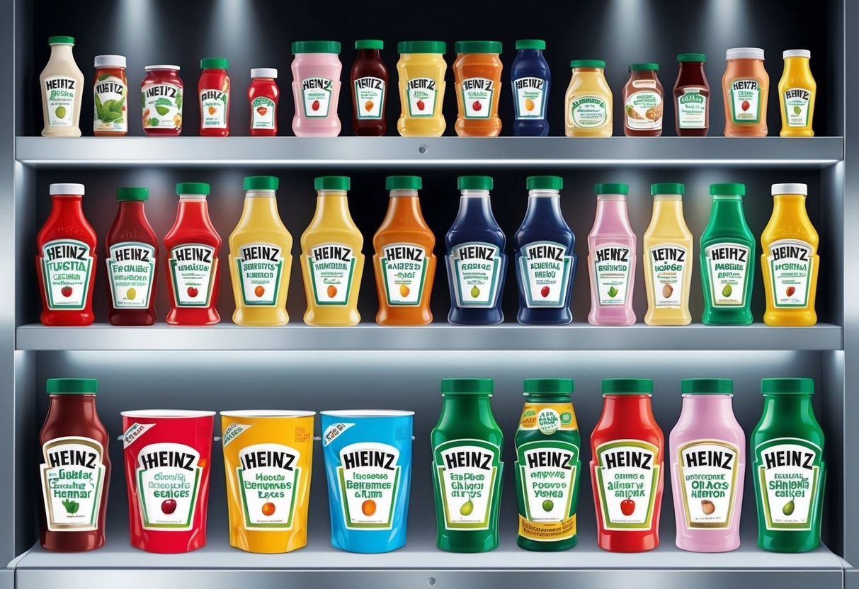 A colorful array of Heinz products displayed on sleek, modern shelves with innovative packaging designs