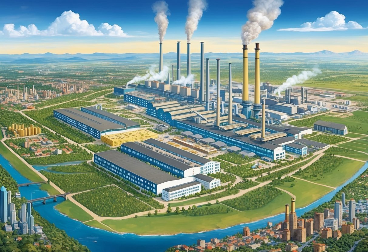 A sprawling Heinz factory complex with multiple buildings and smokestacks, surrounded by a global landscape of diverse cities and natural environments