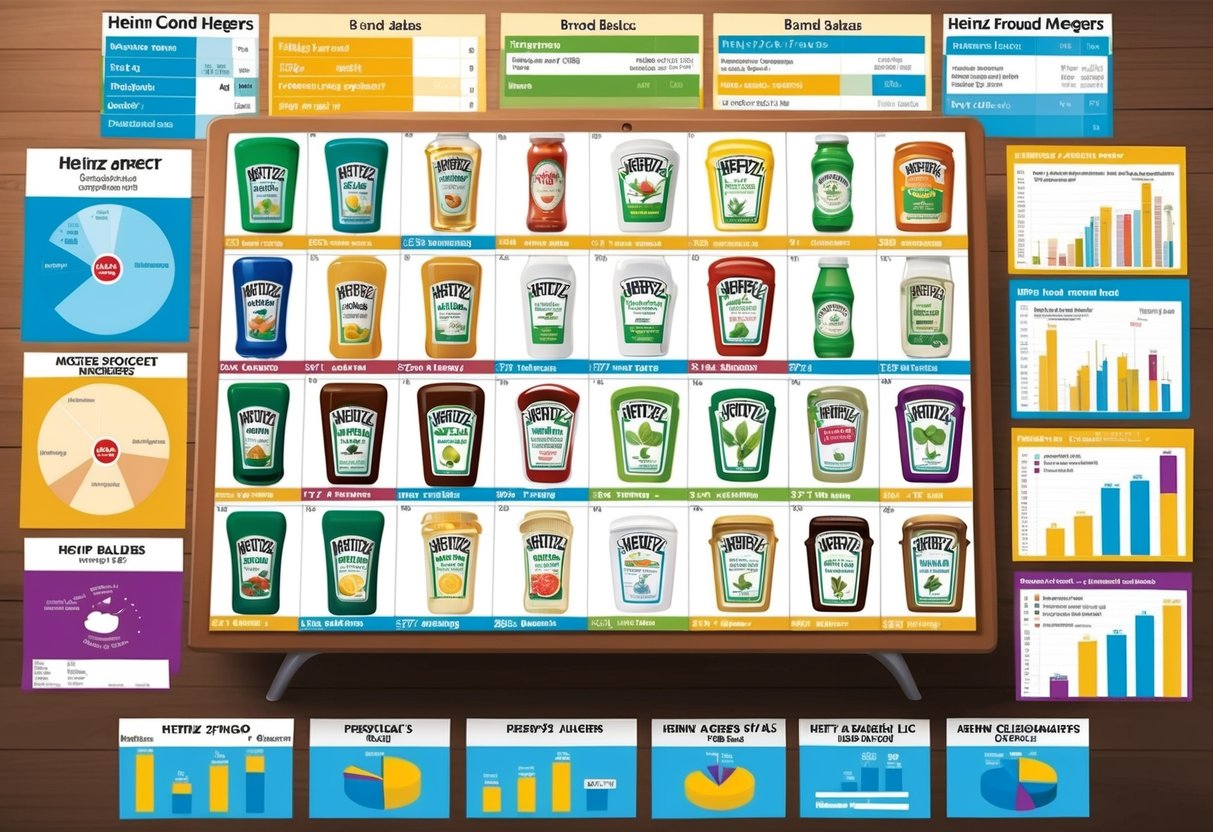 A table displaying 57 different Heinz product labels, surrounded by charts and graphs showing the current brand status and potential mergers